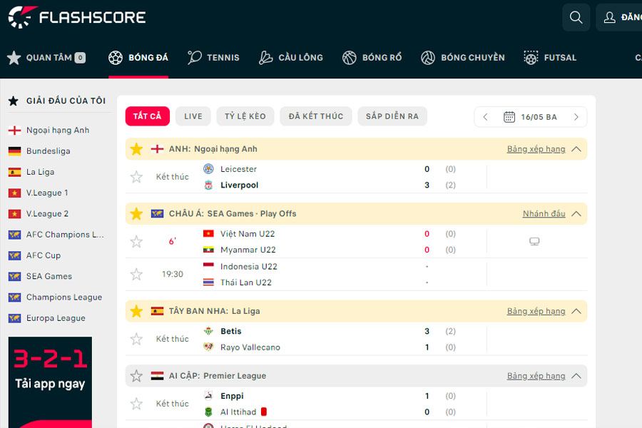 Trang web chấm điểm cầu thủ Flashscore