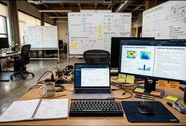 A researcher reviews survey questions on a laptop screen